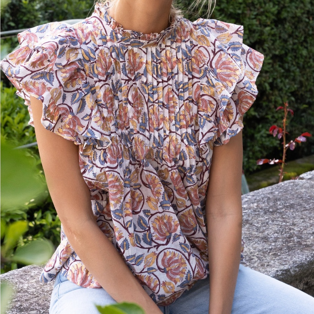 Oliphant Floral Ruffle Blouse in Pink and Blue